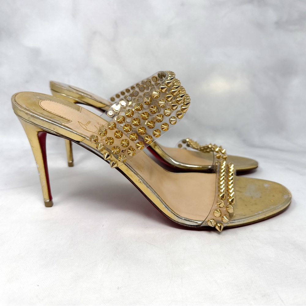 Christian Louboutin Spikes Only PVC Chrome Open Toe Mule Sandal Heels Gold 42